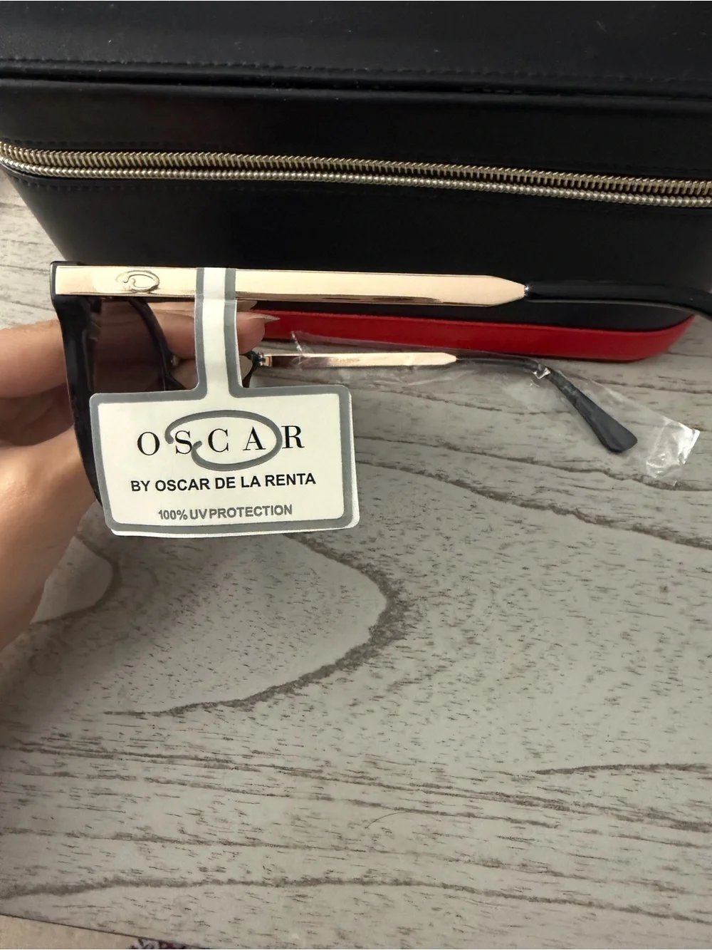 Oscar de la Renta Black Sunglasses with Gold Accent and Red Case Interior